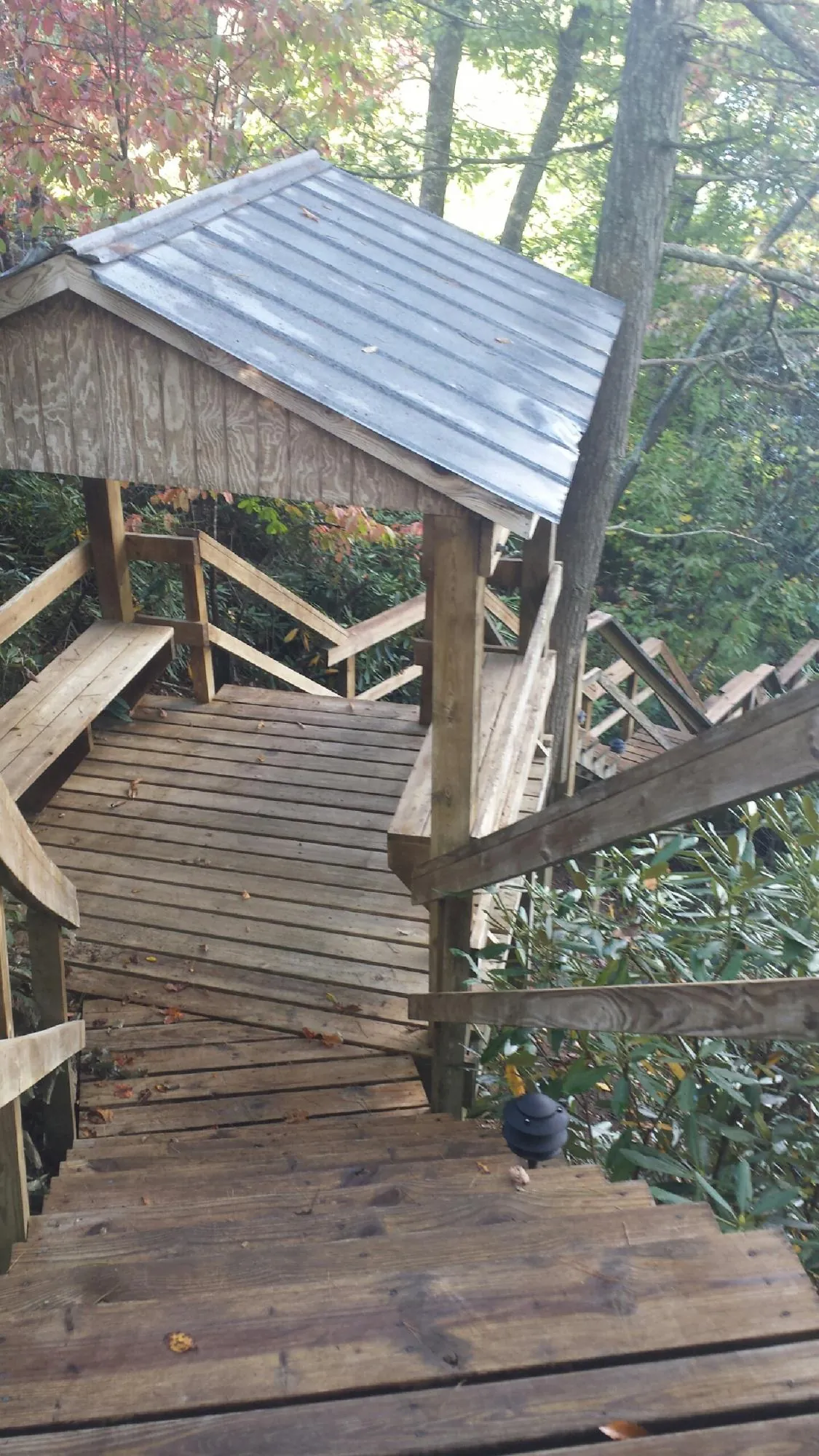 Metal roofed shelter over wooden steps on a wooded walkway — Skylight Repair & Installation work by our crew in Weeping Water